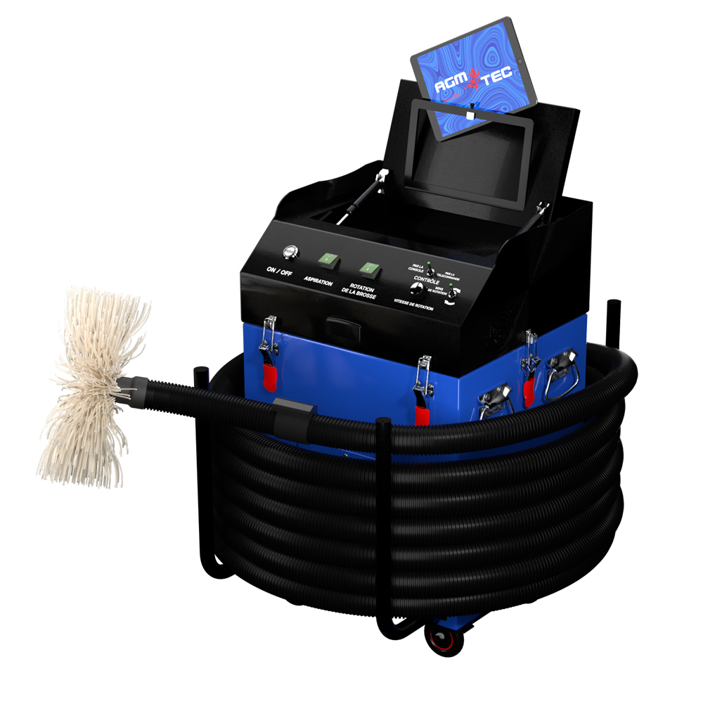 Machine ASPICAM d'AGM TEC avec brosse rotative et flexible d'aspiration, pour le nettoyage d'une gaine de ventilation en centre commercial