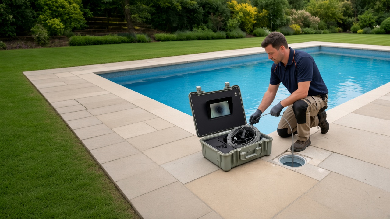 Technicien contrôlant une canalisation de piscine avec une caméra d’inspection et sa régie